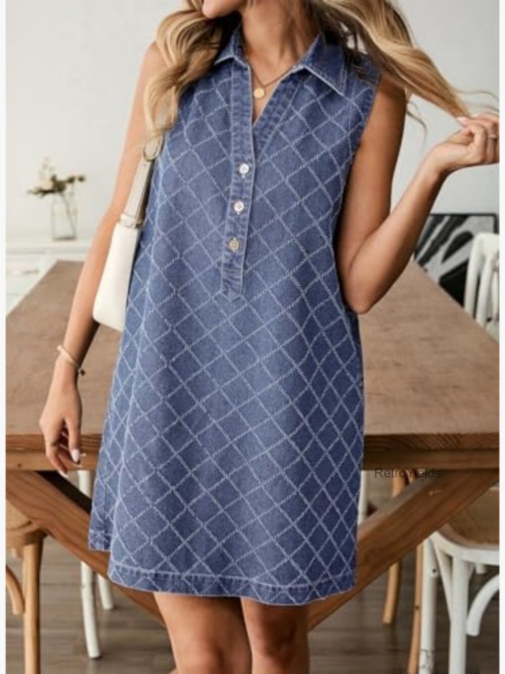 Sleeveless V-Neck Button Mini Jean Dress with Pockets - Picture 4 of 7